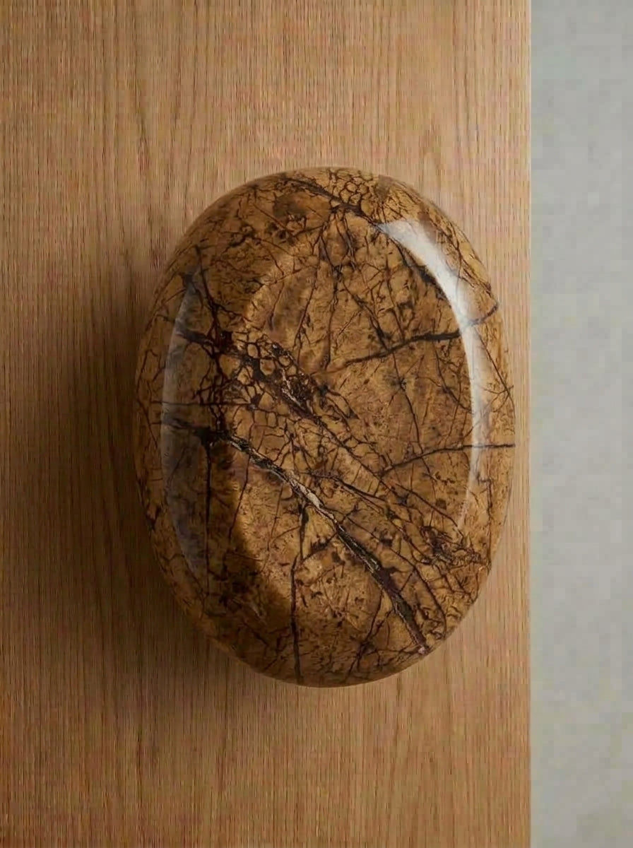 Yukixstone Rainforest Brown natural marble oval knob - oversized hand-carved stone wardrobe knob, full-palm pebble grip