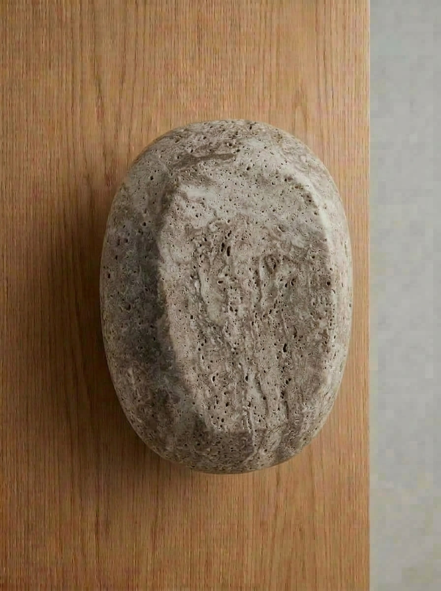 Yukixstone Silver Travertine natural marble oval knob - oversized hand-carved stone wardrobe knob, full-palm pebble grip
