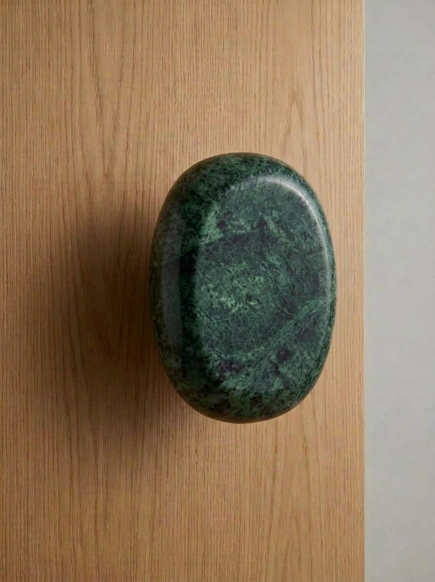 Yukixstone Verde Alpi natural marble oval knob - oversized hand-carved stone wardrobe knob, full-palm pebble grip