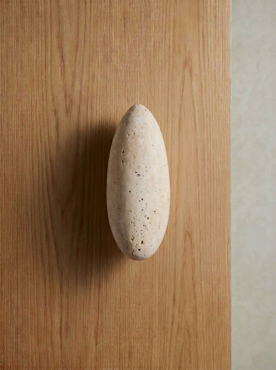 Yukixstone Classic Travertine oval stone door pull - matte porous natural travertine pebble pull, hand-shaped