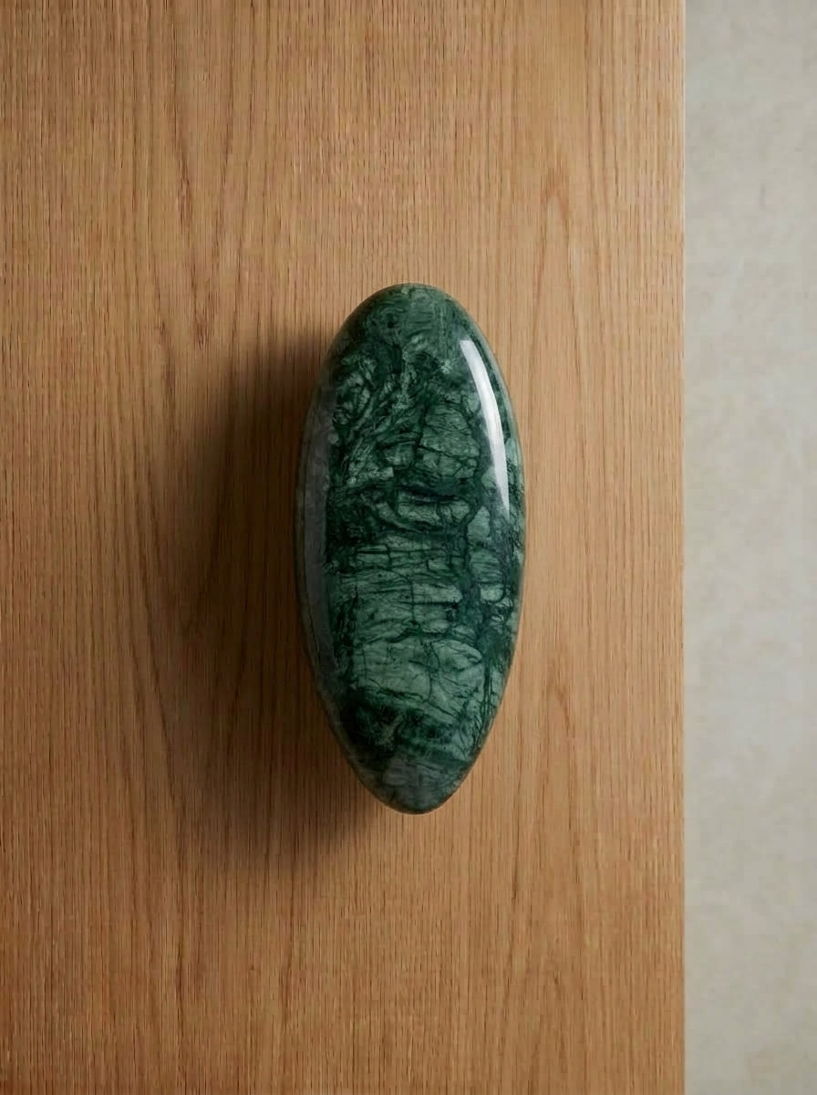 Yukixstone Rainforest Green oval stone door pull - polished green web-veined marble pebble pull