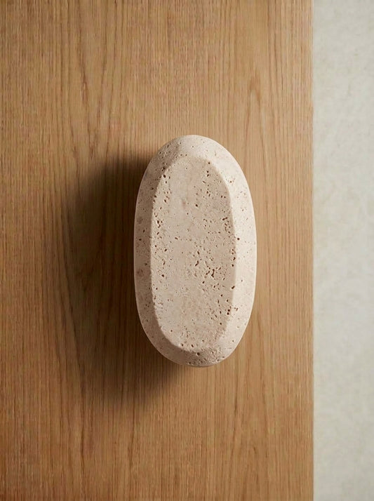 Yukixstone Classic Travertine pebble slab stone pull - rough oval travertine door pull slab with hand-carved ridge line