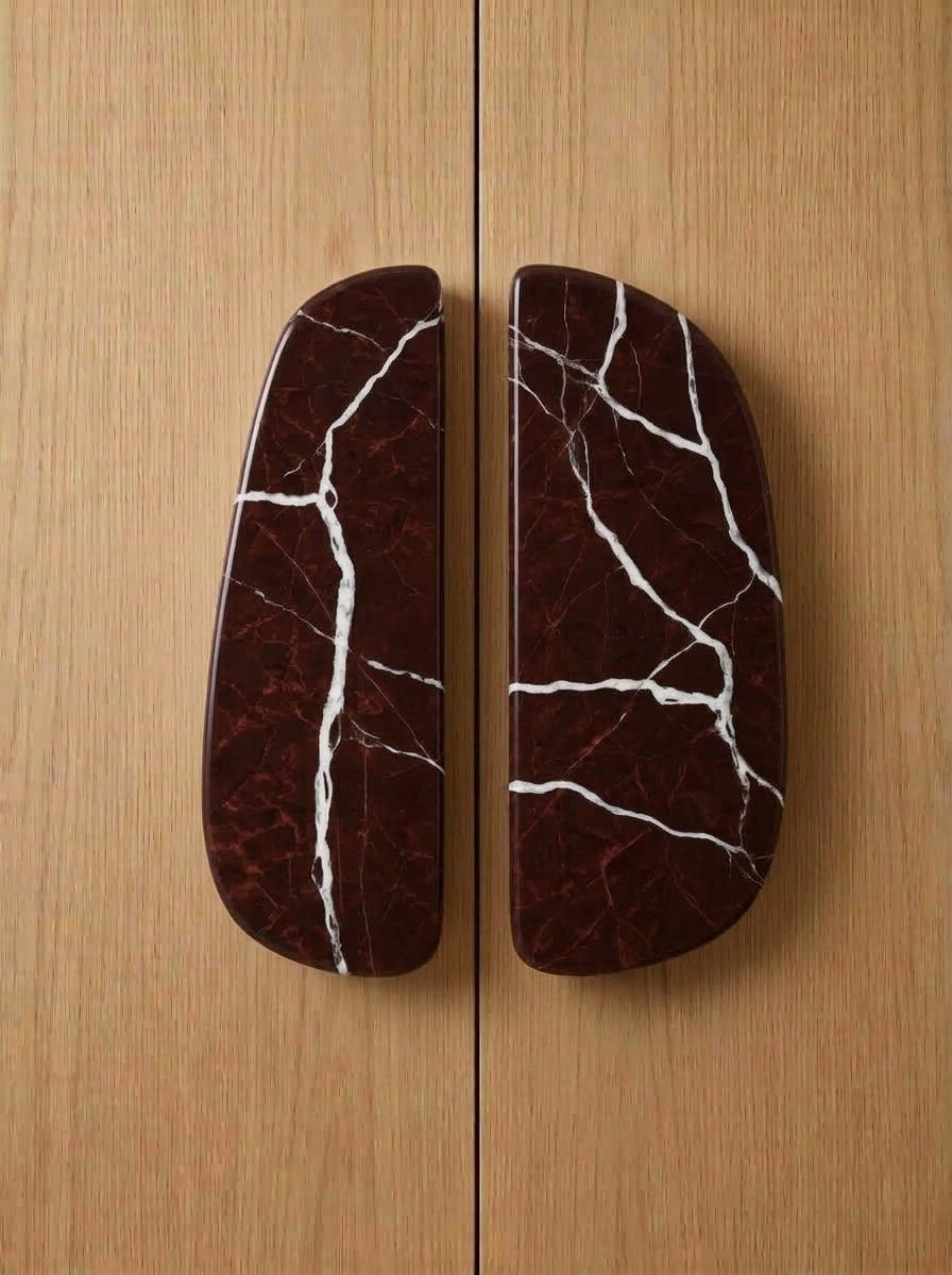 Yukixstone Rosso Levanto natural stone pebble pull - hand-carved split marble cabinet handle for wardrobe and kitchen doors