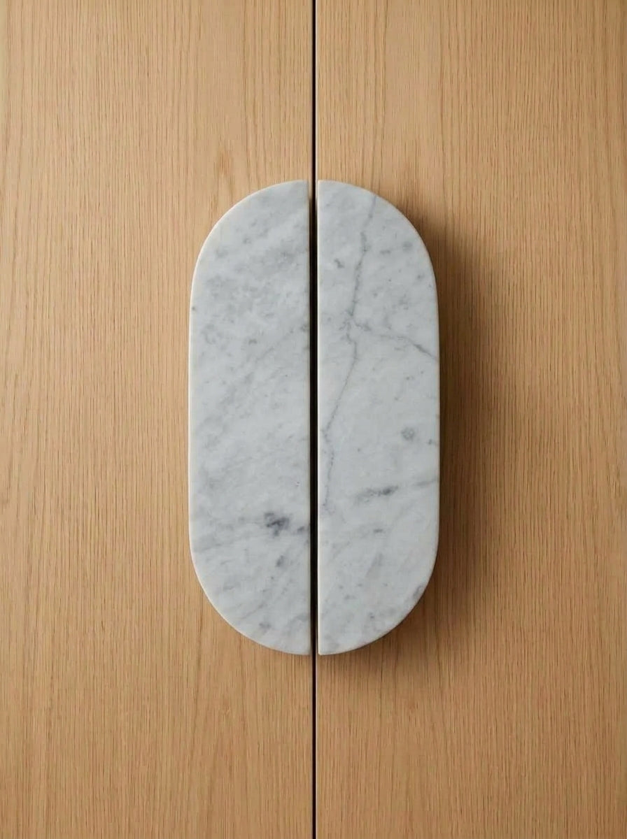 Yukixstone Pill Stone Door Pull - hand-carved oval split pull in Bianco Carrara marble, sold as a pair for wardrobes and double doors