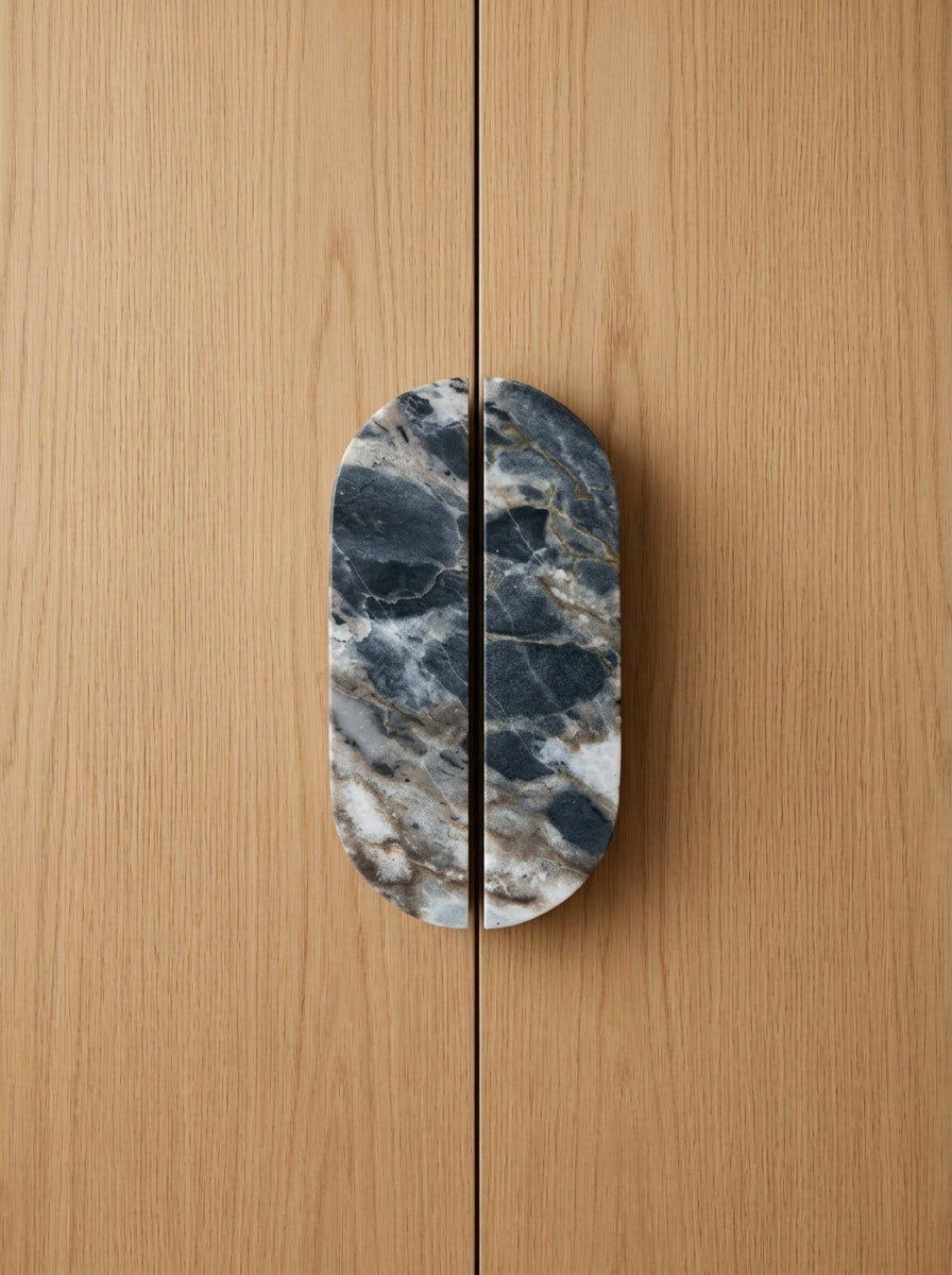Yukixstone Pill Stone Door Pull - hand-carved oval split pull in Breccia Capraia marble, sold as a pair for wardrobes and double doors