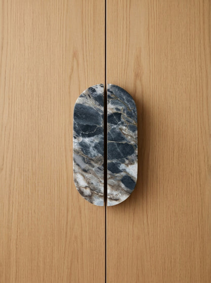 Yukixstone Pill Stone Door Pull - hand-carved oval split pull in Breccia Capraia marble, sold as a pair for wardrobes and double doors