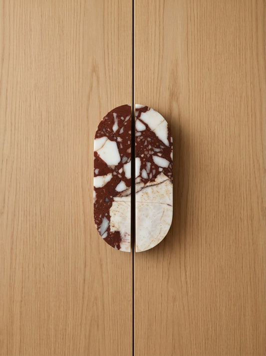 Yukixstone Pill Stone Door Pull - hand-carved oval split pull in Breccia Pernice marble, sold as a pair for wardrobes and double doors