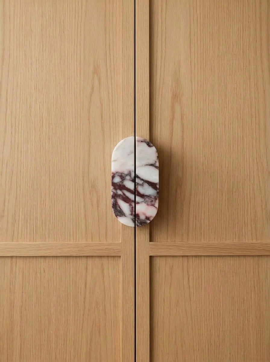Yukixstone Pill Stone Door Pull - hand-carved oval split pull in Calacatta Viola marble, sold as a pair for wardrobes and double doors