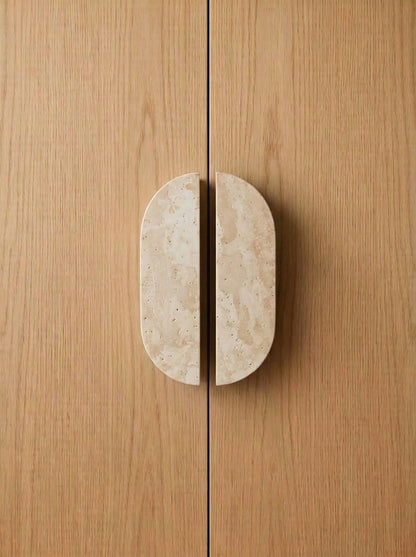 Yukixstone Pill Stone Door Pull - hand-carved oval split pull in Classic Travertine, sold as a pair for wardrobes and double doors