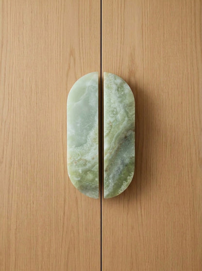 Yukixstone Pill Stone Door Pull - hand-carved oval split pull in green onyx, sold as a pair for wardrobes and double doors