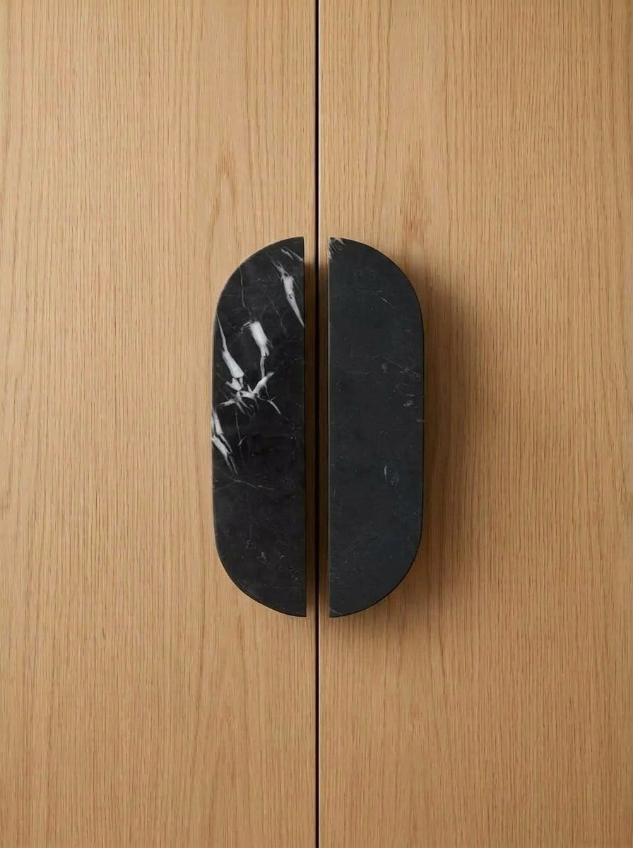 Yukixstone Pill Stone Door Pull - hand-carved oval split pull in Nero Marquina black marble, sold as a pair for wardrobes and double doors