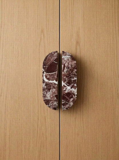 Yukixstone Pill Stone Door Pull - hand-carved oval split pull in Rosso Levanto marble, sold as a pair for wardrobes and double doors