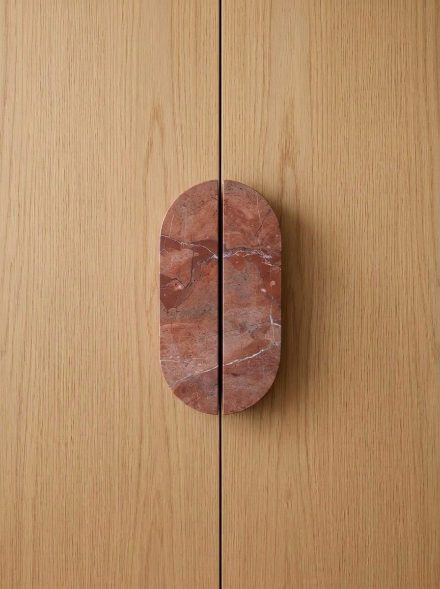 Yukixstone Pill Stone Door Pull - hand-carved oval split pull in Rosso Verona stone, sold as a pair for wardrobes and double doors