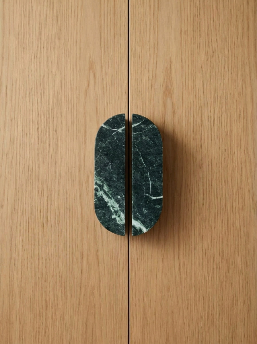 Yukixstone Pill Stone Door Pull - hand-carved oval split pull in Verde Alpi green marble, sold as a pair for wardrobes and double doors