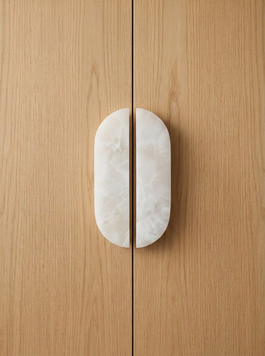 Yukixstone Pill Stone Door Pull - hand-carved oval split pull in white onyx, sold as a pair for wardrobes and double doors
