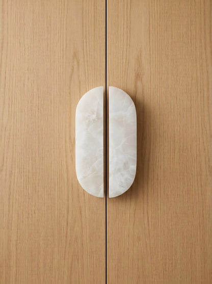 Yukixstone Pill Stone Door Pull - hand-carved oval split pull in white onyx, sold as a pair for wardrobes and double doors