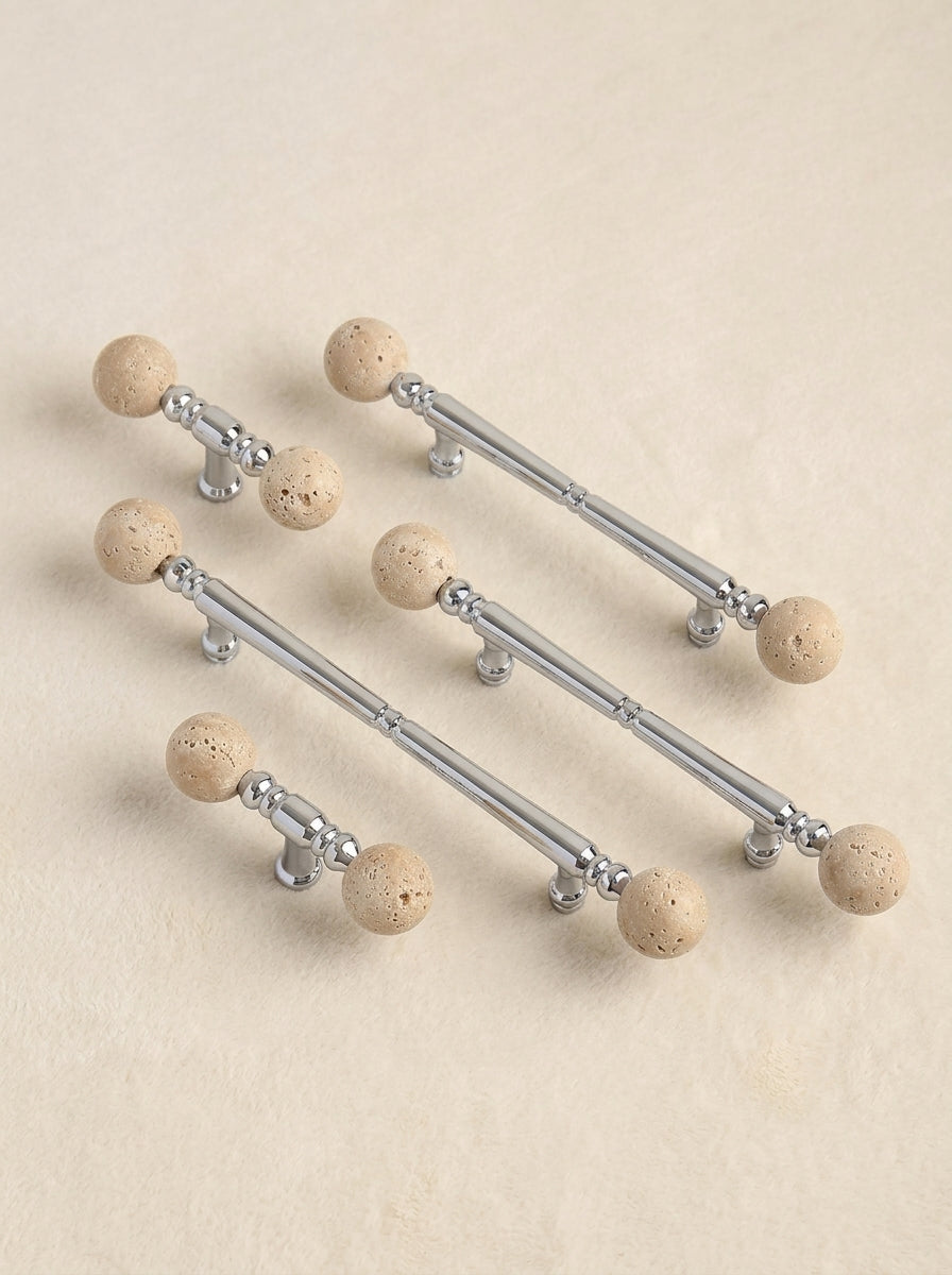 Family of five travertine ball pulls, short T-bar and long bar sizes