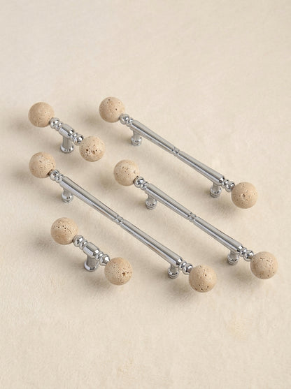 Family of five travertine ball pulls, short T-bar and long bar sizes