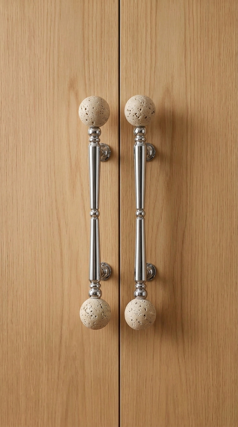 Long travertine ball bar pulls mounted on oak wardrobe doors