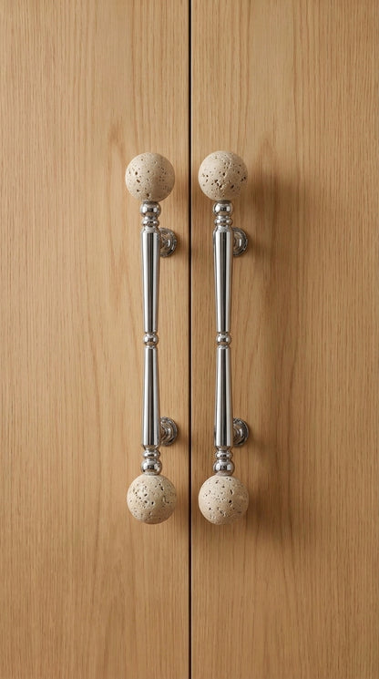Long travertine ball bar pulls mounted on oak wardrobe doors