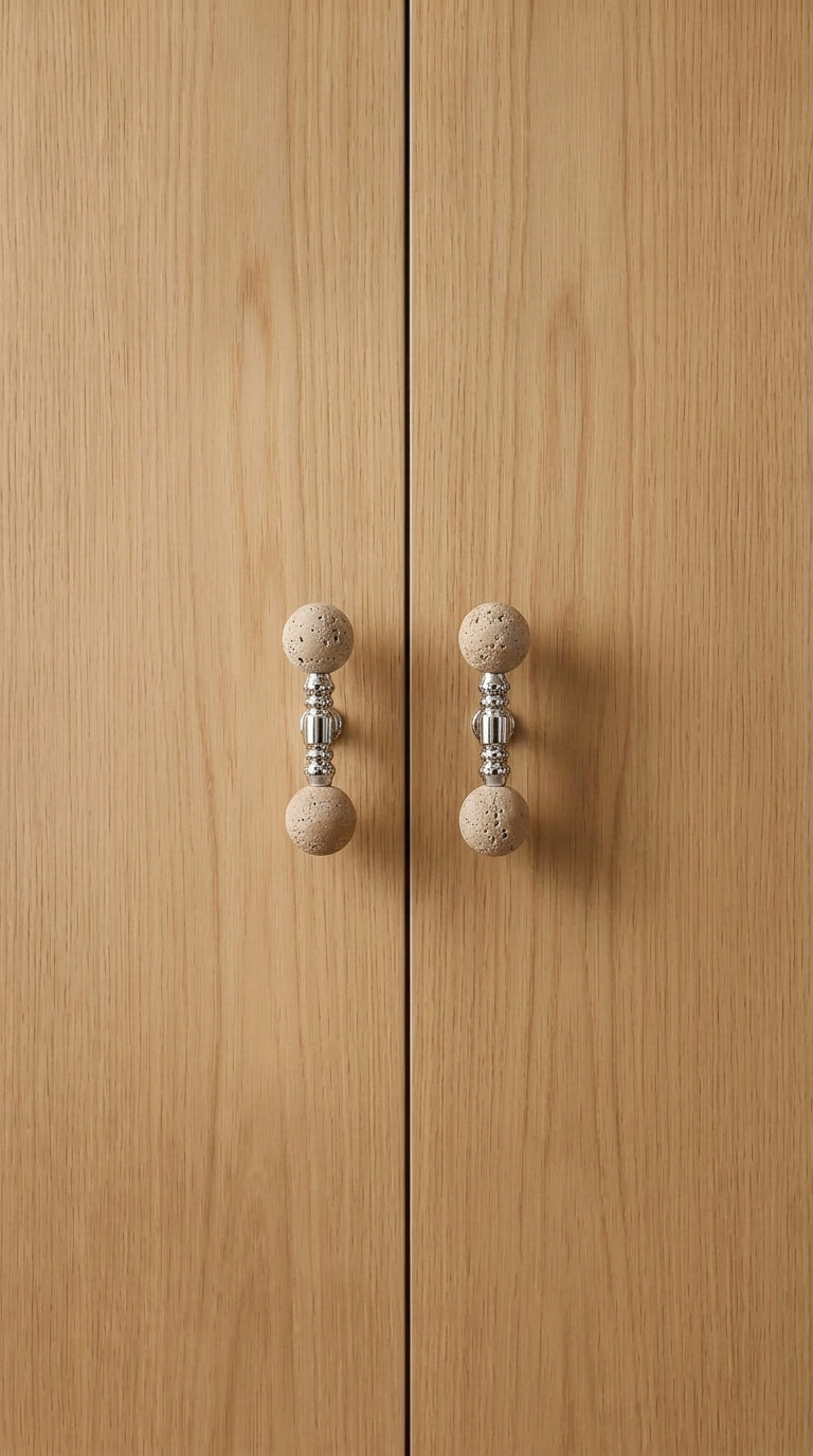 Short travertine ball T-bar pulls mounted on oak cabinet doors