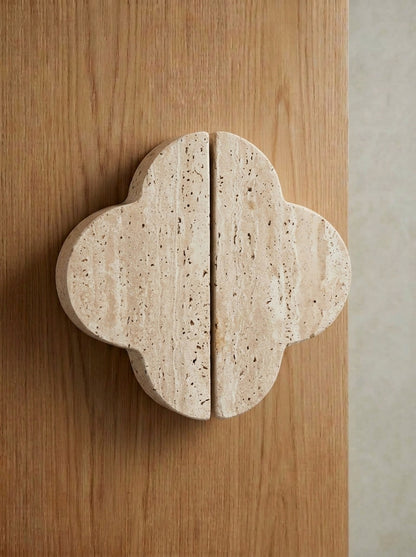 Yukixstone Quatrefoil Stone Door Pull - hand-carved clover-shaped travertine pull, sold as a pair for double doors