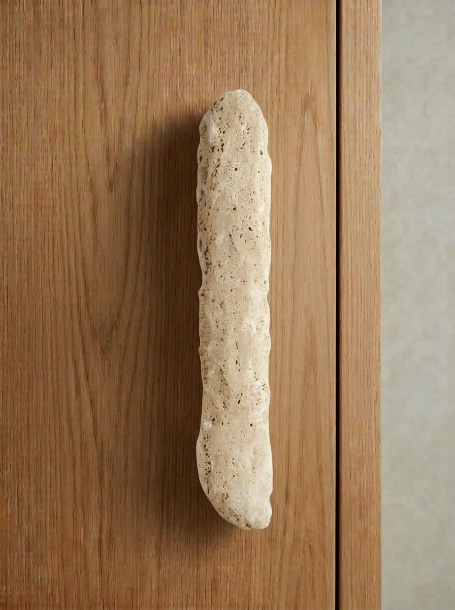 Yukixstone Beige Tufa raw stone bar pull - long uncarved porous natural stone door pull for tall wardrobe doors