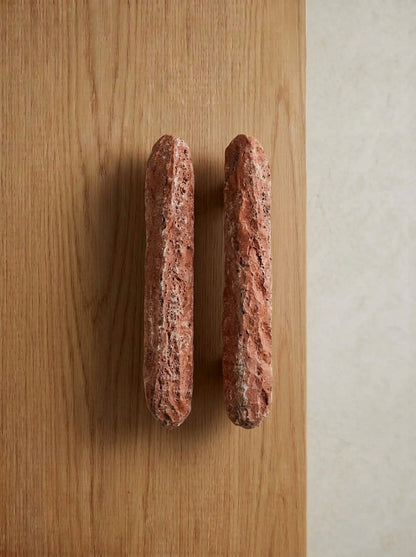 Yukixstone Red Travertine raw stone bar pull - pair of long porous red stone door pulls with weathered raw surface