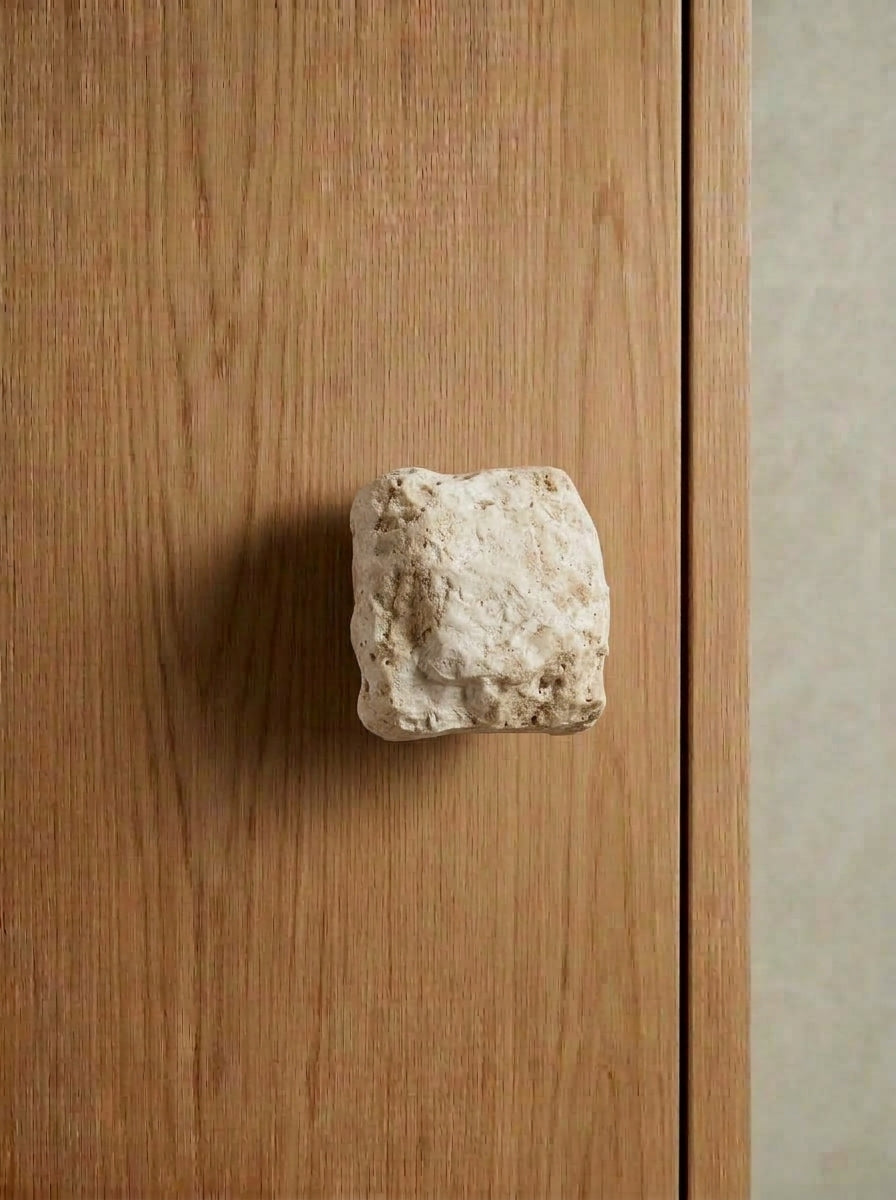 Yukixstone Raw Stone Knob in beige tufa - rough natural stone cabinet knob with porous weathered face