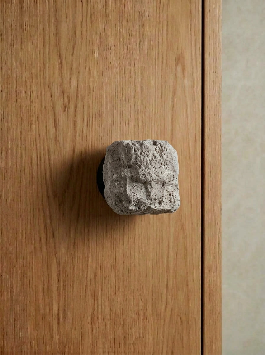 Yukixstone Raw Stone Knob in grey lava stone - rough porous natural stone cabinet knob, square block form