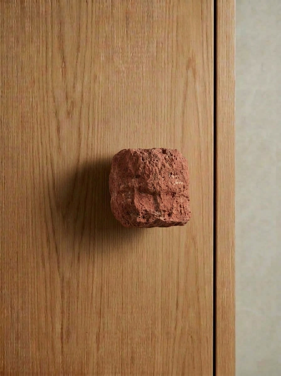Yukixstone Raw Stone Knob in red lava stone - rough red porous natural stone cabinet knob, square block form