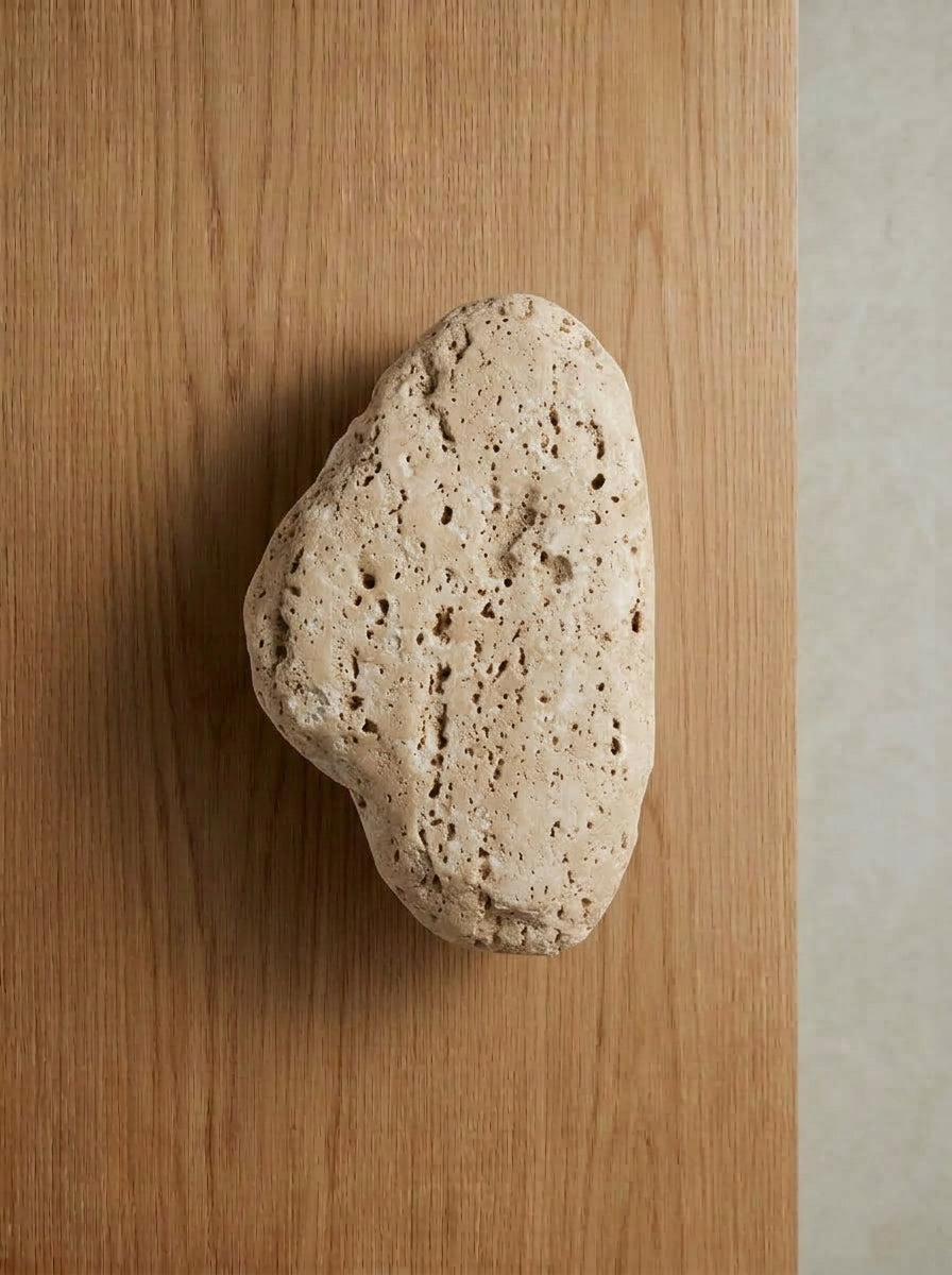 Yukixstone Beige Tufa raw stone door pull - porous natural sponge stone boulder pull for wardrobe and feature doors