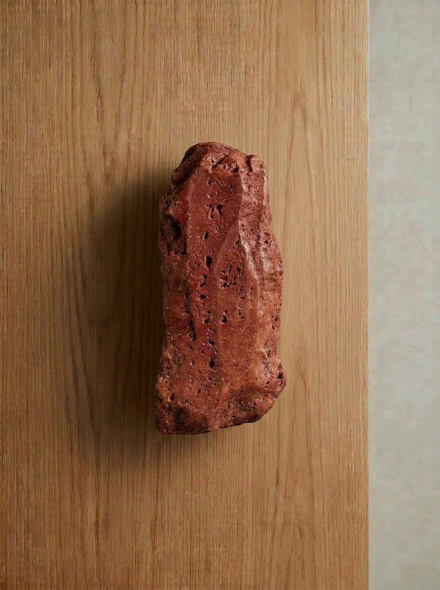 Yukixstone Red Travertine raw stone slab pull - porous natural red stone door pull, uncarved with original weathered surface