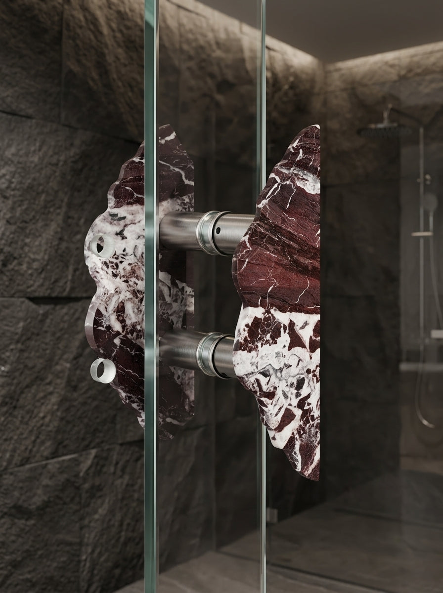 Yukixstone Ridge Stone Door Pull - double-side mounting on a glass shower door, two Rosso Levanto marble halves connected by metal standoffs