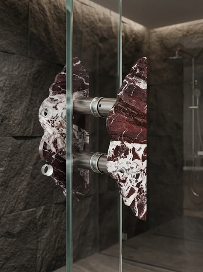 Yukixstone Ridge Stone Door Pull - double-side mounting on a glass shower door, two Rosso Levanto marble halves connected by metal standoffs