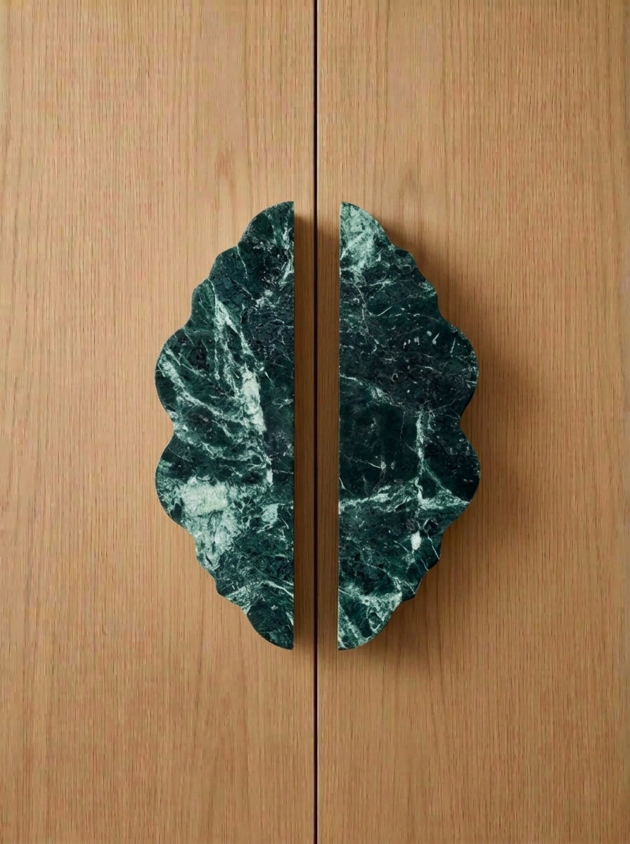 Yukixstone Ridge Stone Door Pull - lobed split pull hand-carved in Verde Alpi deep green marble, mounted on oak double doors