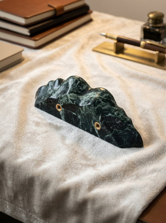 Yukixstone Ridge Stone Door Pull - Verde Alpi green marble half showing the carved ridge top edge and brass mounting inserts