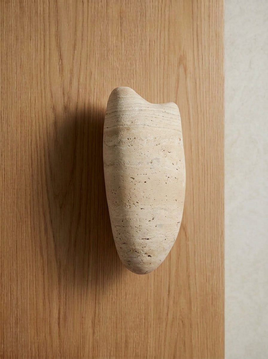 Yukixstone Classic Travertine river stone door pull - smooth water-worn natural travertine boulder handle with layered banding