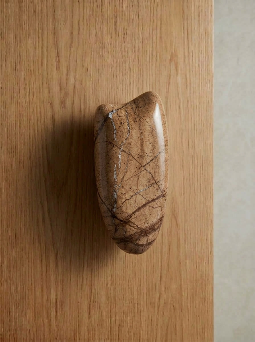 Yukixstone Rainforest Brown river stone door pull - polished brown marble pebble handle with white and rust veining