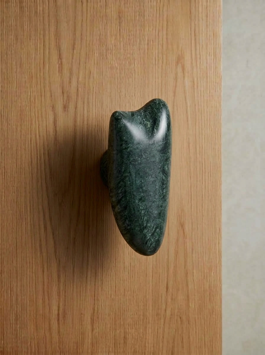 Yukixstone Rainforest Green river stone door pull - polished dark green marble pebble handle with web veining