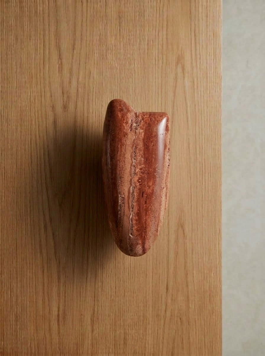 Yukixstone Red Travertine river stone door pull - water-worn red travertine boulder handle with natural rust banding