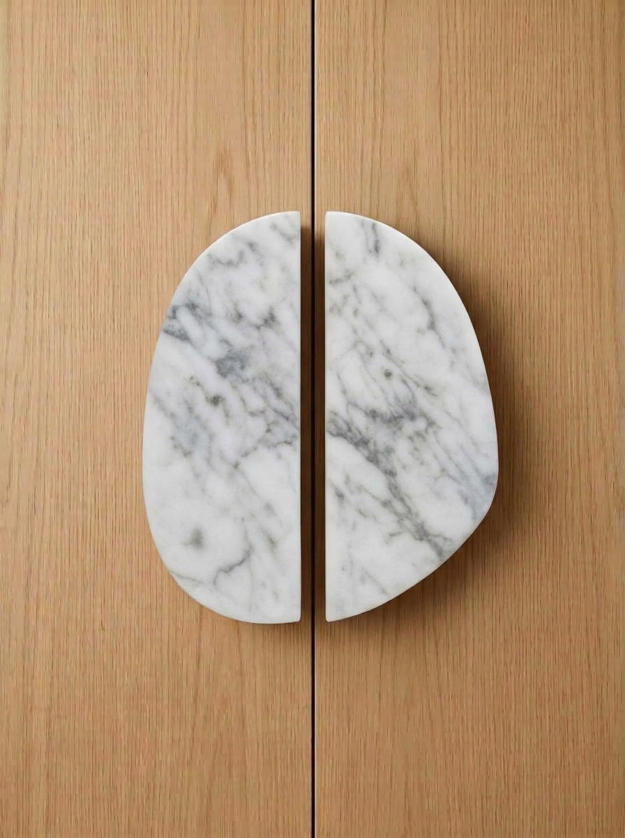Yukixstone Carrara White split pebble stone door pull - hand-carved natural marble oval cabinet handle pair for wardrobes and cabinets