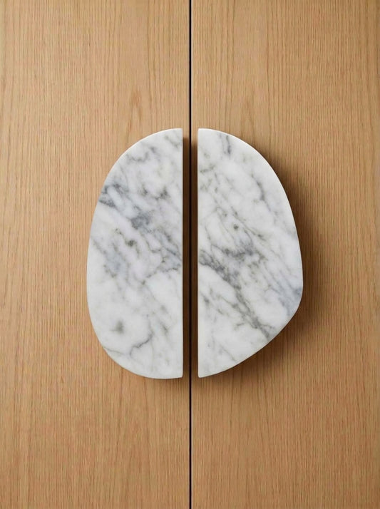 Yukixstone Carrara White split pebble stone door pull - hand-carved natural marble oval cabinet handle pair for wardrobes and cabinets