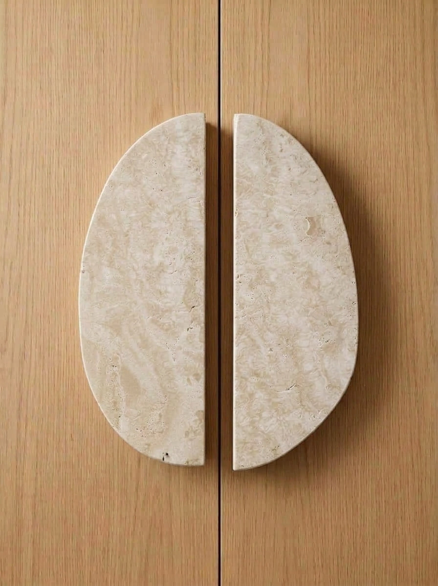 Yukixstone Classic Travertine split pebble stone door pull - hand-carved natural marble oval cabinet handle pair for wardrobes and cabinets