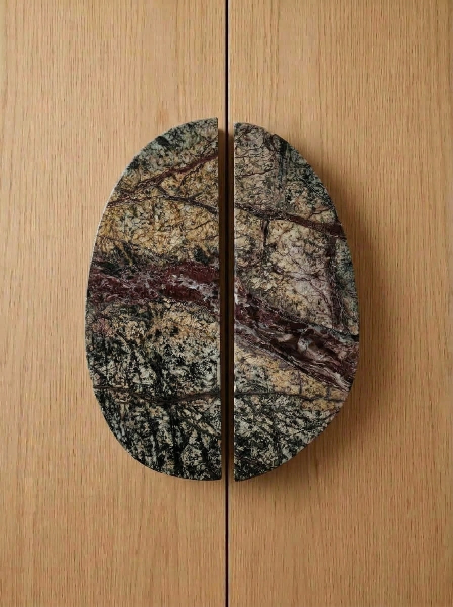 Yukixstone Emperador Dark split pebble stone door pull - hand-carved natural marble oval cabinet handle pair for wardrobes and cabinets