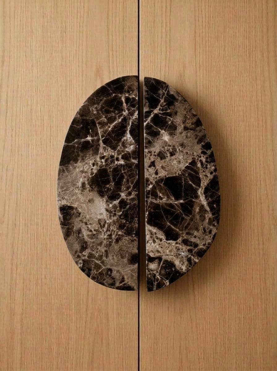 Yukixstone Emperador Light split pebble stone door pull - hand-carved natural marble oval cabinet handle pair for wardrobes and cabinets