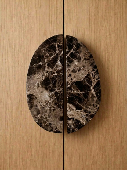 Yukixstone Emperador Light split pebble stone door pull - hand-carved natural marble oval cabinet handle pair for wardrobes and cabinets