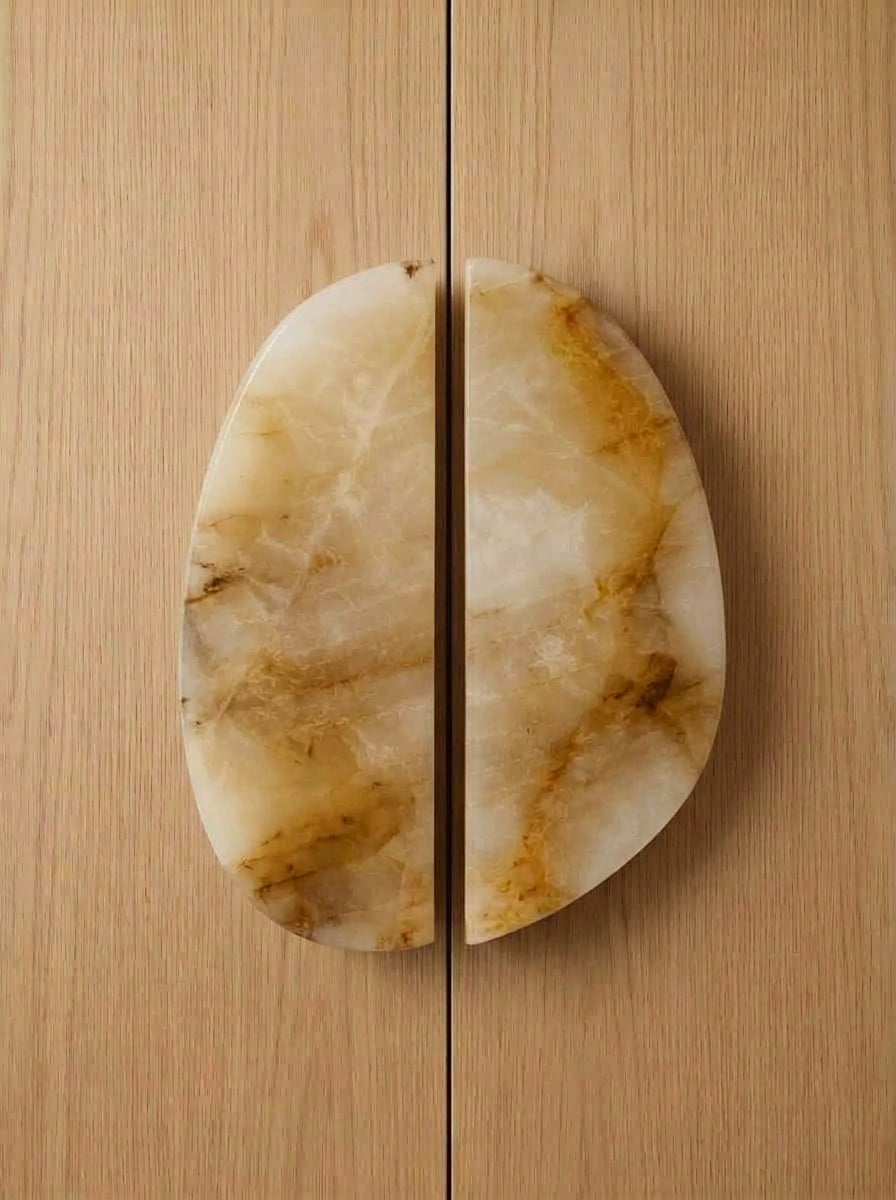 Yukixstone Honey Onyx split pebble stone door pull - hand-carved natural marble oval cabinet handle pair for wardrobes and cabinets