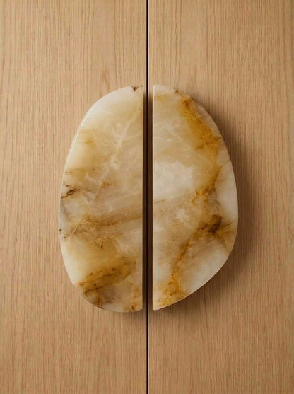 Yukixstone Honey Onyx split pebble stone door pull - hand-carved natural marble oval cabinet handle pair for wardrobes and cabinets