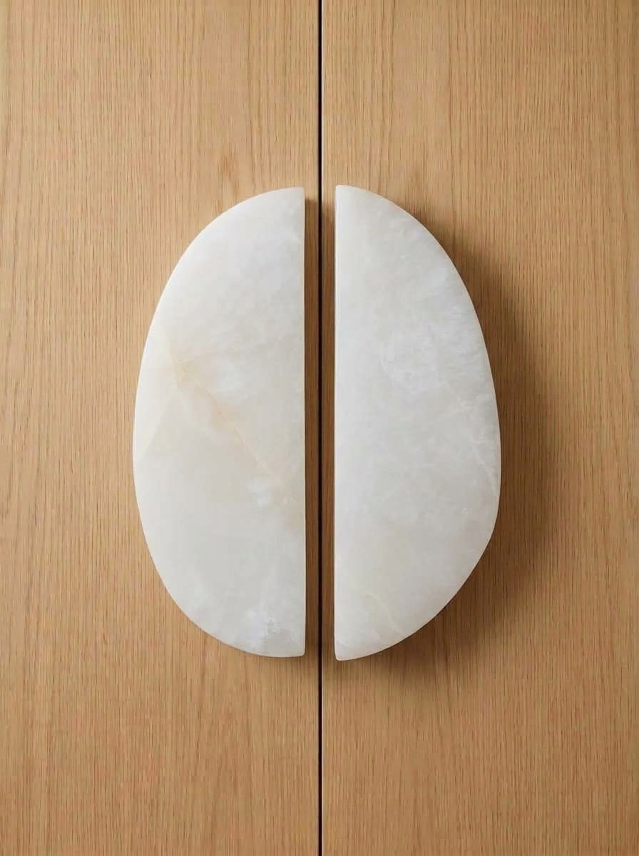 Yukixstone Moca Cream split pebble stone door pull - hand-carved natural marble oval cabinet handle pair for wardrobes and cabinets
